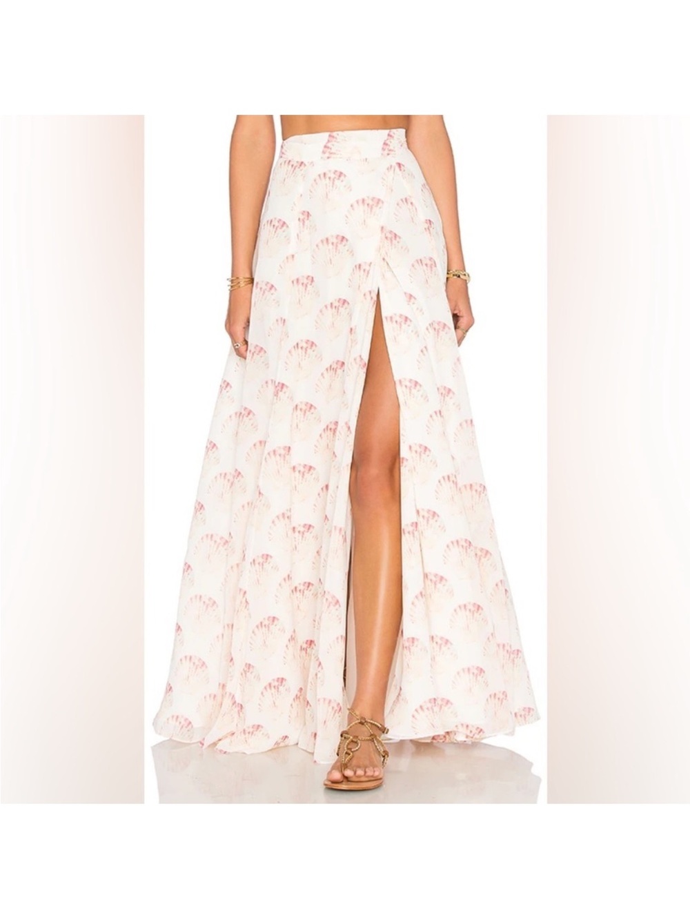Lovers + Friends Hydra White Maxi Skirt with Pink Shell Print and High Slit